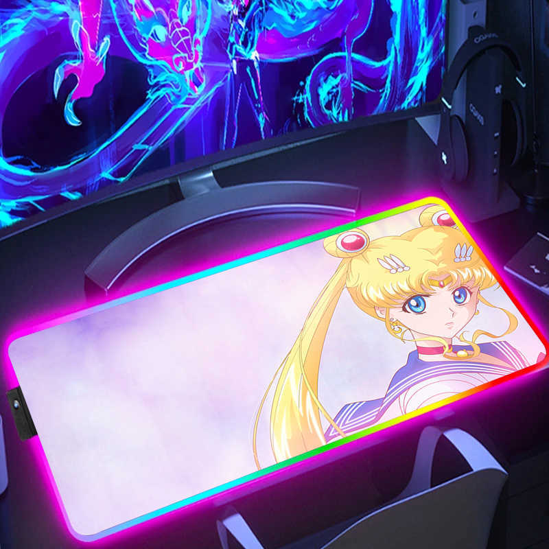 Mouse Pads Wrist Rests RGB Sailor Moon Cute Mouse Pad Gaming Backlight Pc Accessories Backlit Mat Gamer Keyboard Mousepad Xxl Desk Protector Larg-image-842181330