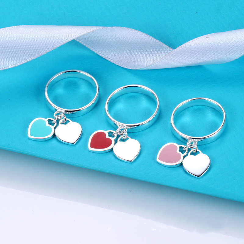 

With Side Stones Heart Enamel Ring Blue Vintage Personality Versatile Fashion Pair Ring Wedding Ring Couple