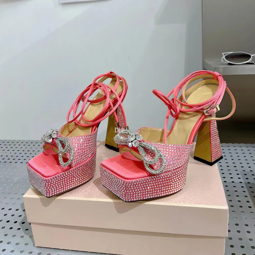 

ACH sandals Dress Shoes Bowtie Thick heel Double waterproof platform Rhinestone95mm Evening shoes women's high heels Ankle Wraparound designer factory shoe, Pink