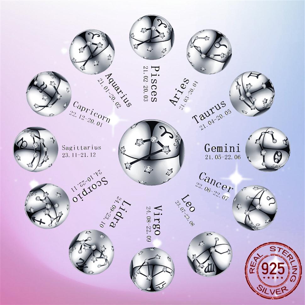 

925 Silver Charm bead fit Pandora Charms Bracelet 12 Constellation Zodiac Round charmes ciondoli DIY Fine Beads Jewelry257L