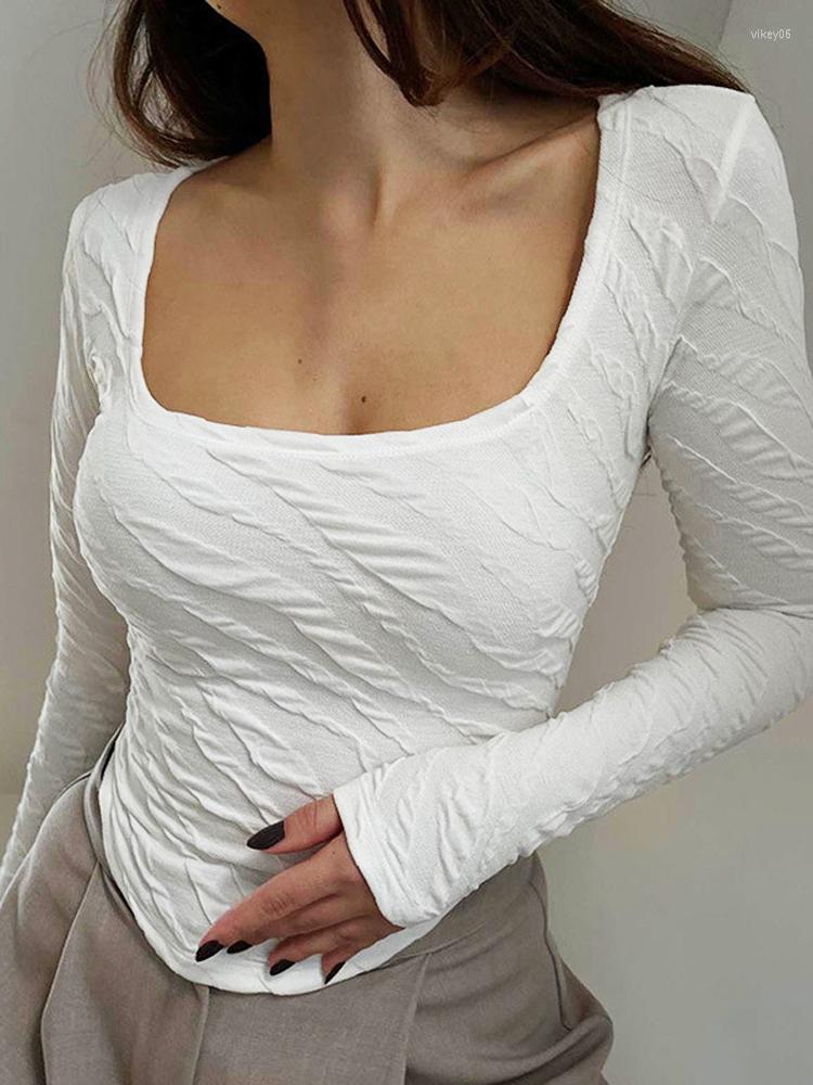 

Women' T Shirts Women Long Sleeve Y2k Crop Top Spring 2023 E Girls Square Neck Slim Cropped Shirt Female Basic Street Tees White Black