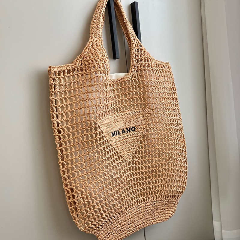 

Women Designer Raffia Straw Tote Shoulder Bag Italy Milano Brand Embroidered Logo Net Shopping Handbags Weave Large Capacity Beach Handbag, Blue