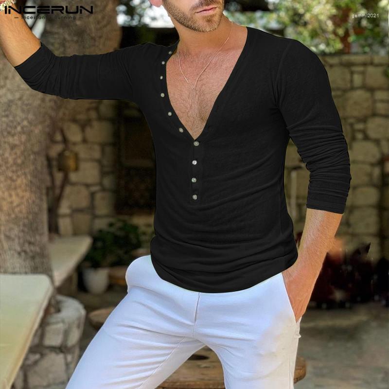 

Men's T Shirts INCERUN Tops 2023 American Style Men Sknitting Elastic Well Fitting Camiseta Fashion Solid Long Sleeve V-neck T-shirts S-5XL, Yellow