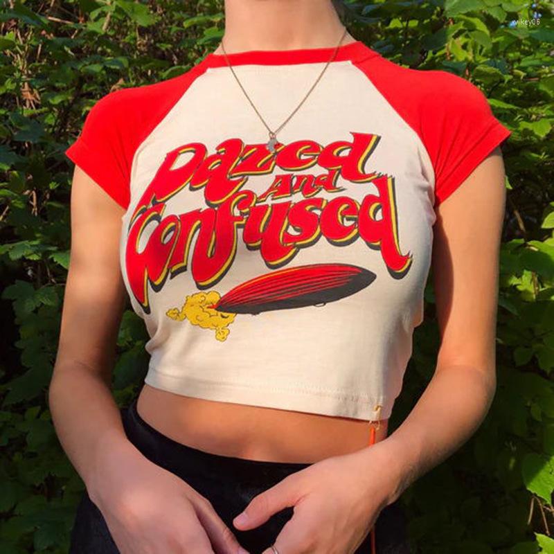 

Women' T Shirts Letter Print Patchwork Crop Top Women Sexy Y2K Female Slim Bodycon Tee Girls Casual Summer Basic T-shirt Streetwear Yuqung, Black