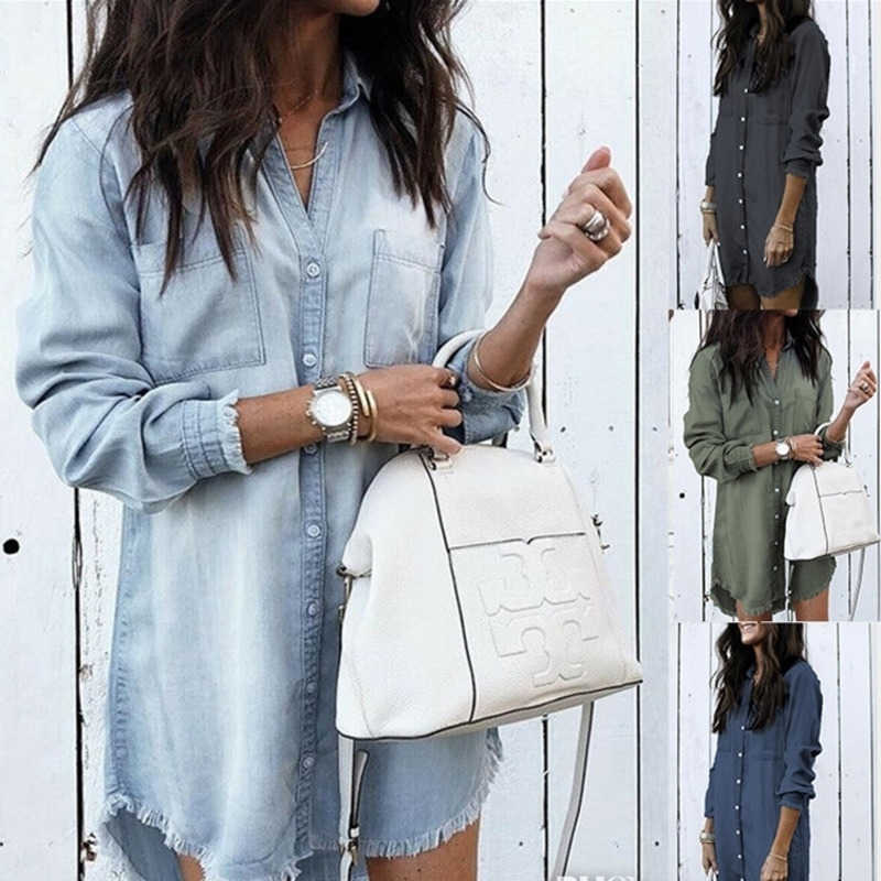 

RETAIL Plus Size S- 4xl 5xl Women Clothing Dresses Denim Shirt Dress Tassel Loose Long Sleeve Shirts, Black