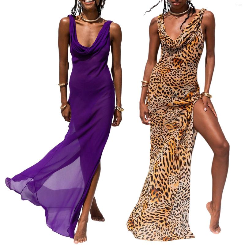 

Casual Dresses Sexy Women' Bikini Cover Up Beachwear Dress Shiny Sleeveless Cowl Neck High Split Swimsuit