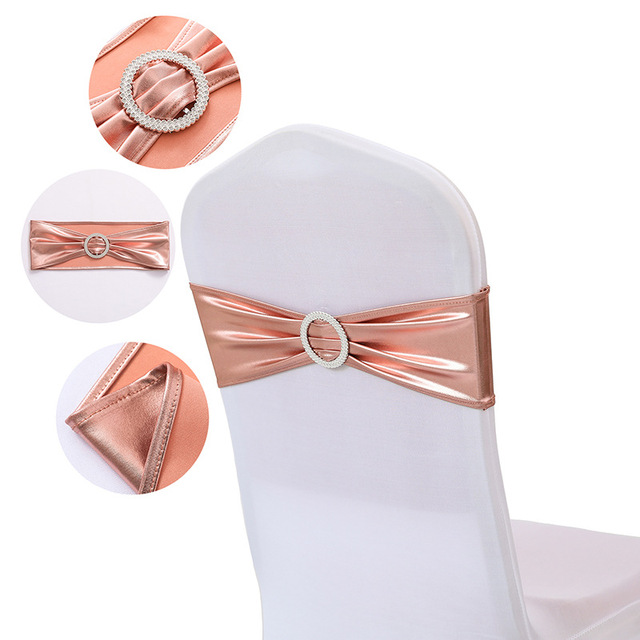 

Metallic Gold Silver Stretch Spandex Chair Bow Sash Band With Round Buckle For Banquet Event Wedding Chair Sash Tie