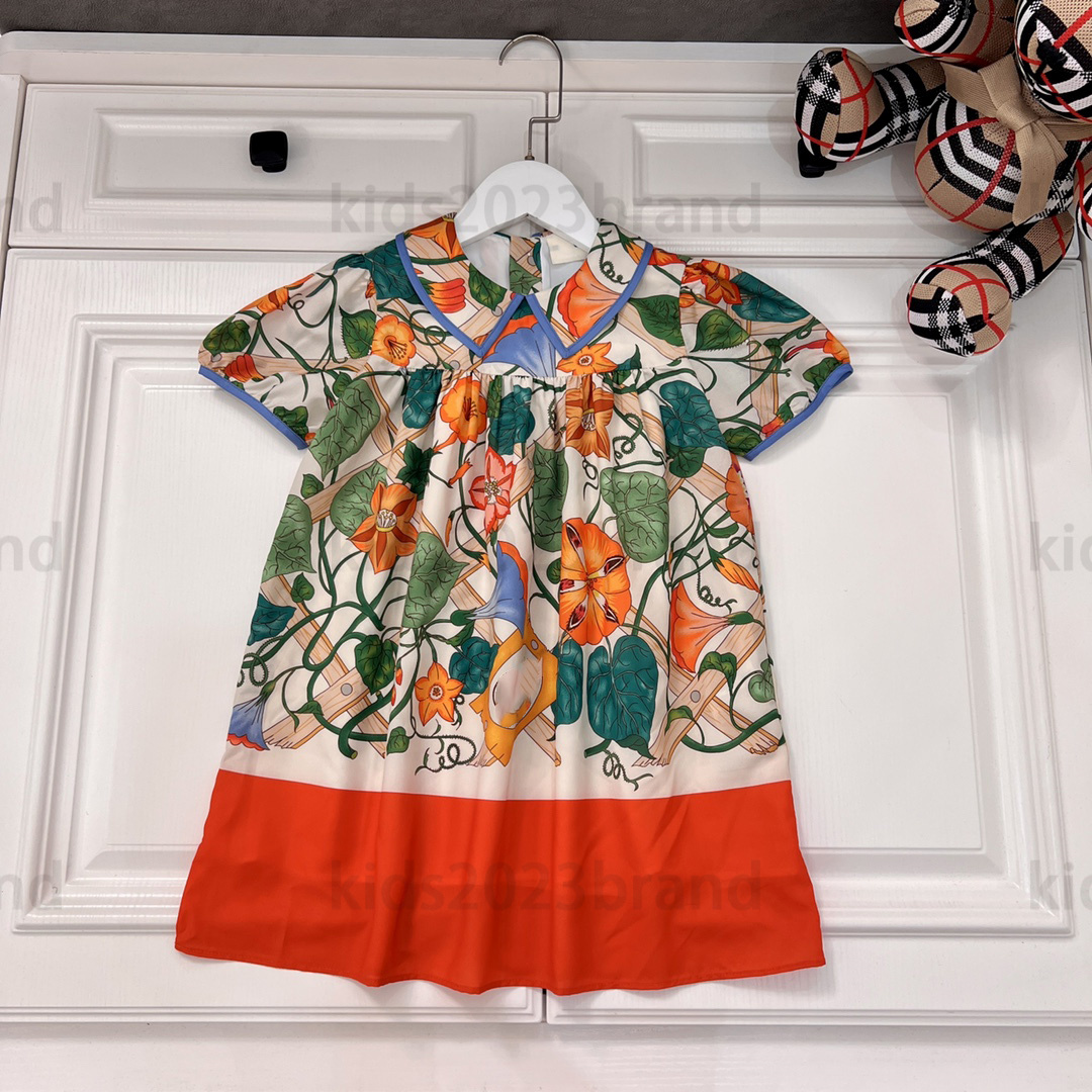 

girls polo dress flower print silk skirt high-end girls dresses summer princess dress brand designer kids pleated dress for girl 90-160cm fashion button skirts, 14#