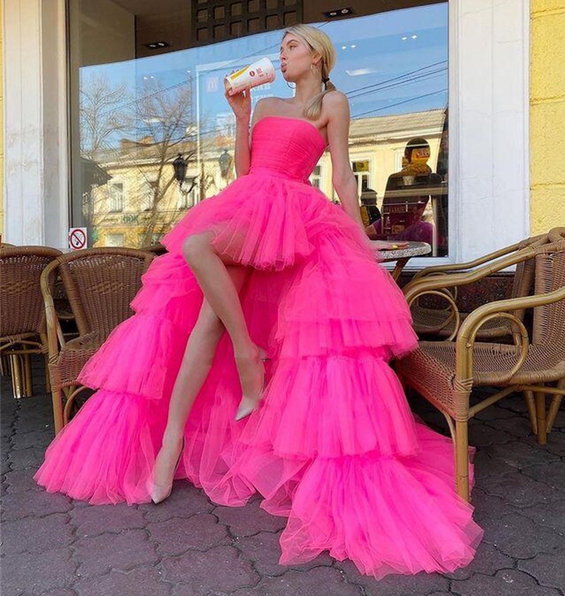 

High Low Long Prom Party Dresses 2023 Tulle Strapless Long Evening Formal Gown Detachable Long Train Sexy Graduation Vestidos De Feast, Champagne