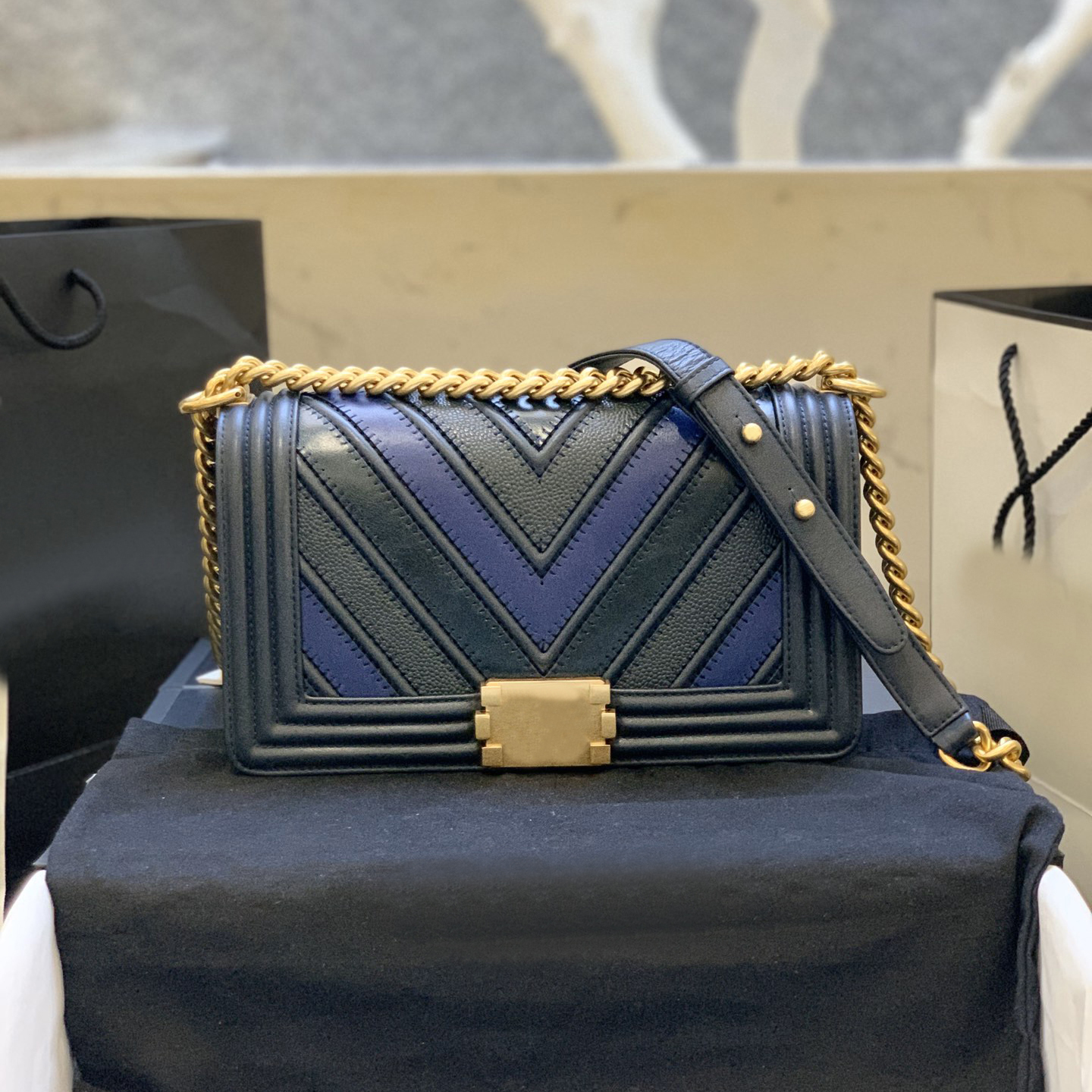 

9A Designer Bags Luxury Quality Calfskin Flap Purse Bronze Hardware Match Stripes Handbags, Blue