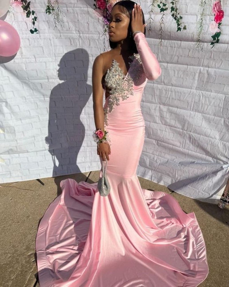 One Shoulder Pink Black Girls Prom Dress With Beaded Elegant Mermaid Satin Evening Dress Long Sleeve Formal Party Dress 2023 Sexy African vestido de