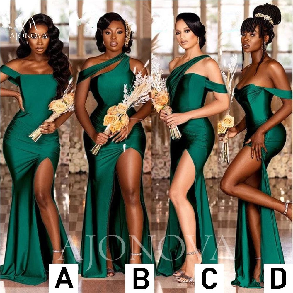 Robes de demoiselle d'honneur Hunter Green Satin Sirène Party pour le côté de mariage Splay