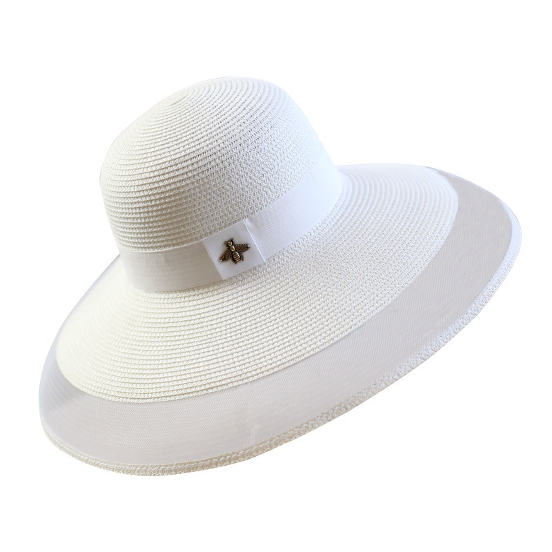 

Collapsible Net Yarn Wide Brim Hats Lady Elegant Hepburn Retro Style Straw Hats Outdoor Beach Vacation Sunhats for Women, White