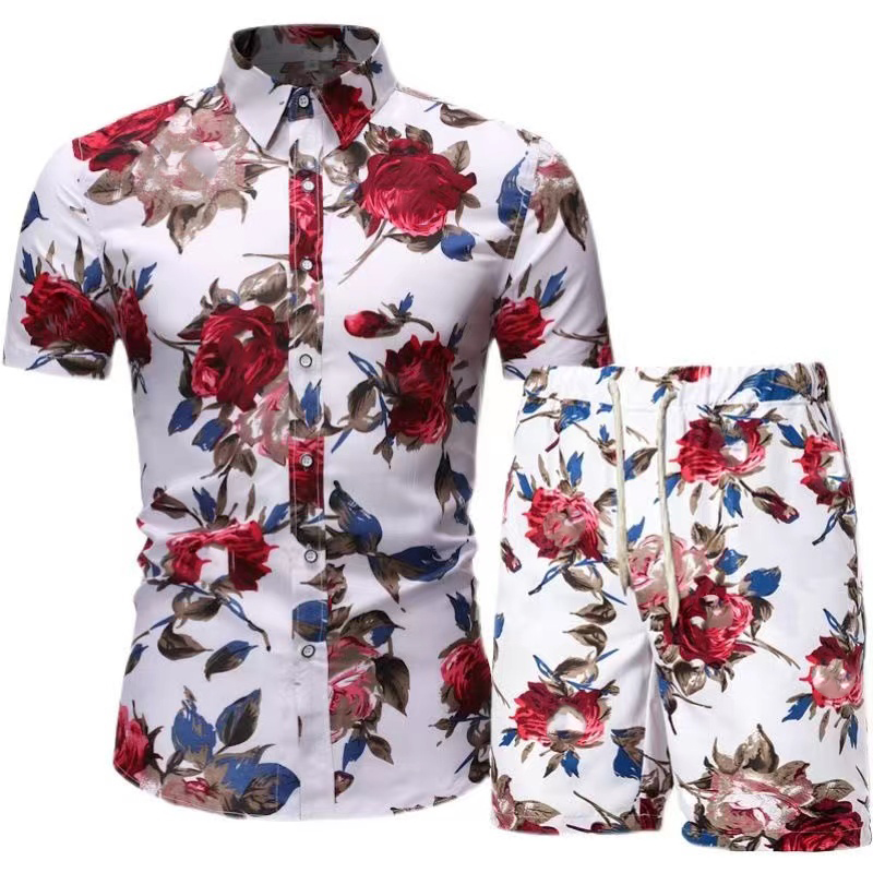 

2023 men's Hawaiian beach flower shirt short sleeve men's loose large print shirt shorts print suit M-3XL