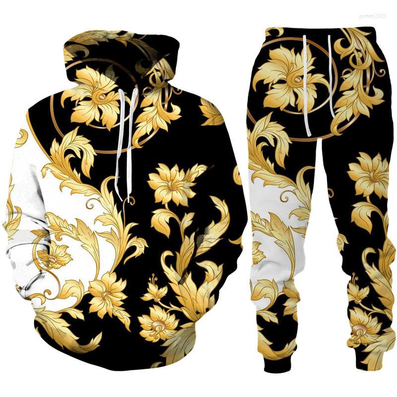 

Women's Two Piece Pants Spring Autumn Women's Golden Floral 3D Printed Hoodie/Tracksuit Casual Sweatshirt And Trousers Set Fashion Men, Hoodie-1
