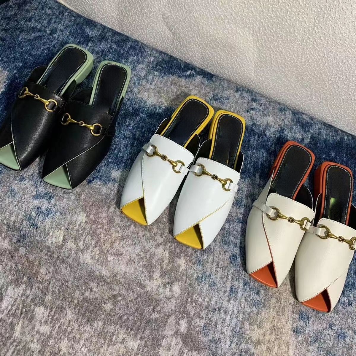 

2023 new flat slippers OP43 net red lazy shoes fashion fish mouth Mueller shoes leather half slipper summer sandals female outer wear, Forest green