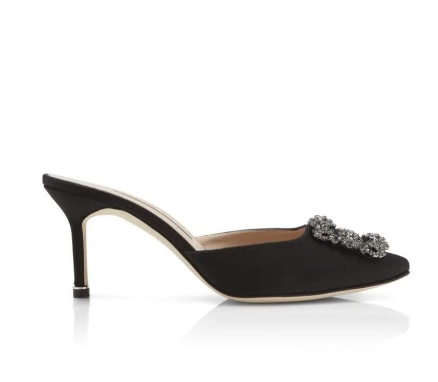 

New Womens SANDAL pump dress shoes high heels MANOLOS-BLAHNIKS Low heel HANGISIMU Satin Jewel Buckle Mules Slide black sandals shoe pointy toe