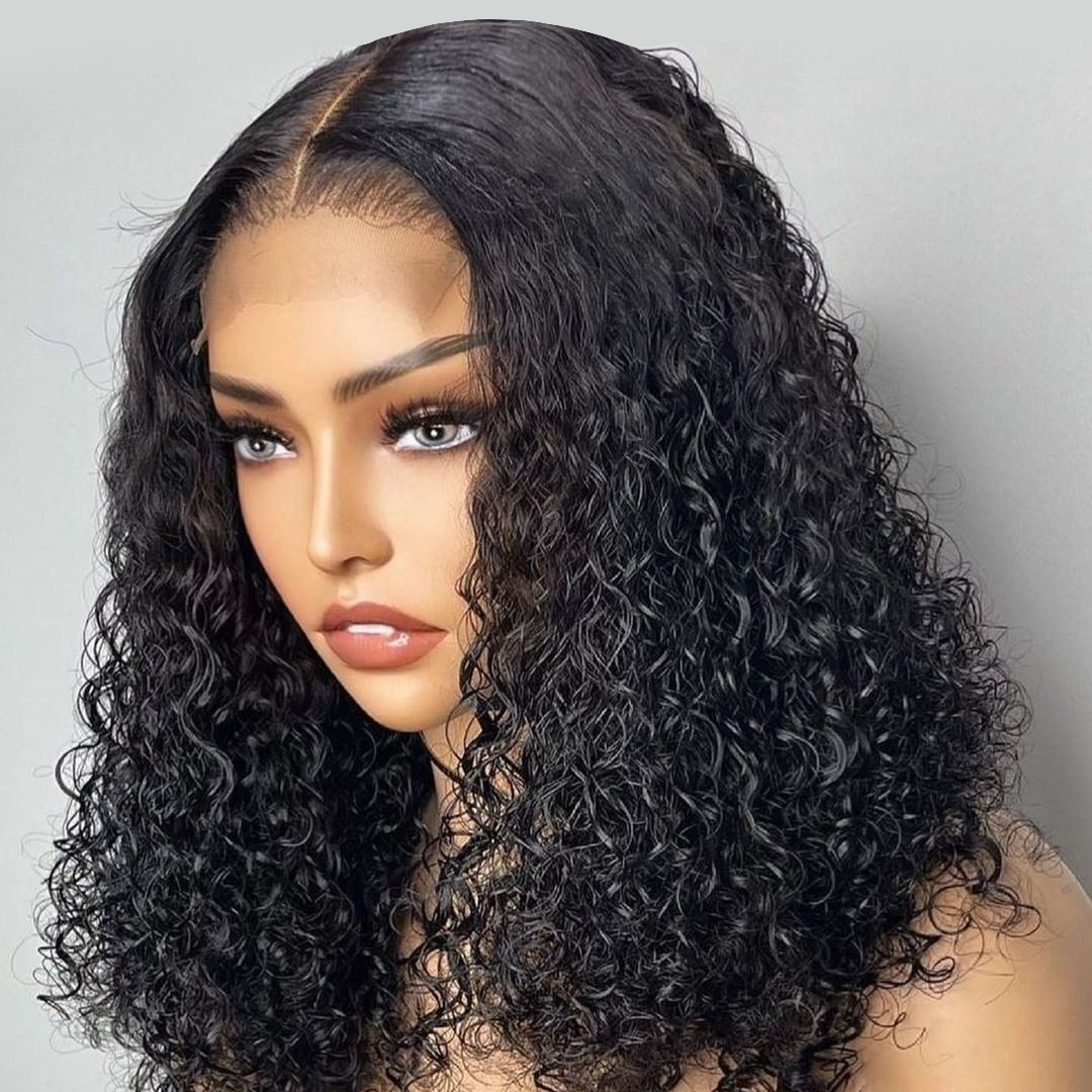 

CEXXY Curly Human Hair Wig Short Bob Wigs Deep Wave Frontal Wig Remy Hair Water Wave Bob Lace Transparent T Part Lace Wigs, Black