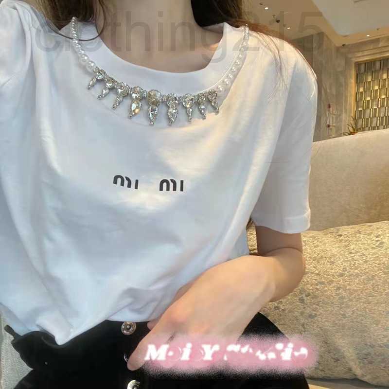 

Women's T-Shirt Designer 2022 Summer New T-shirt Cotton Print Round Neck Beaded Short Sleeve Top 3VL6, White4