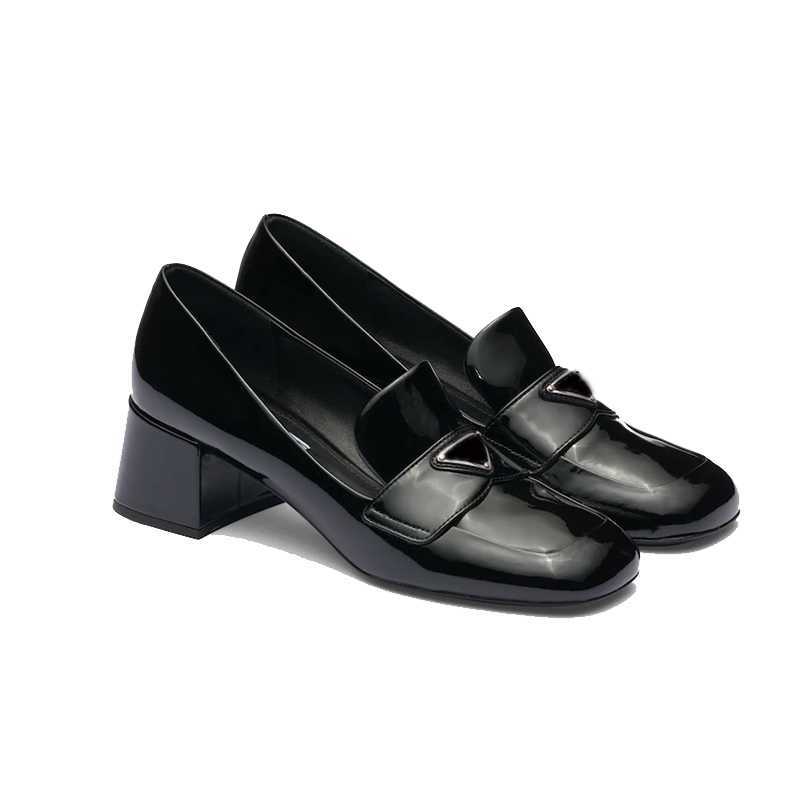 

2023 Loafers Dress Women Shoes Patent Leather Designer Fashion Luxurys Casual Triangle High Quality Square Head Black White Thick Heels Shoe, Black with l*g*