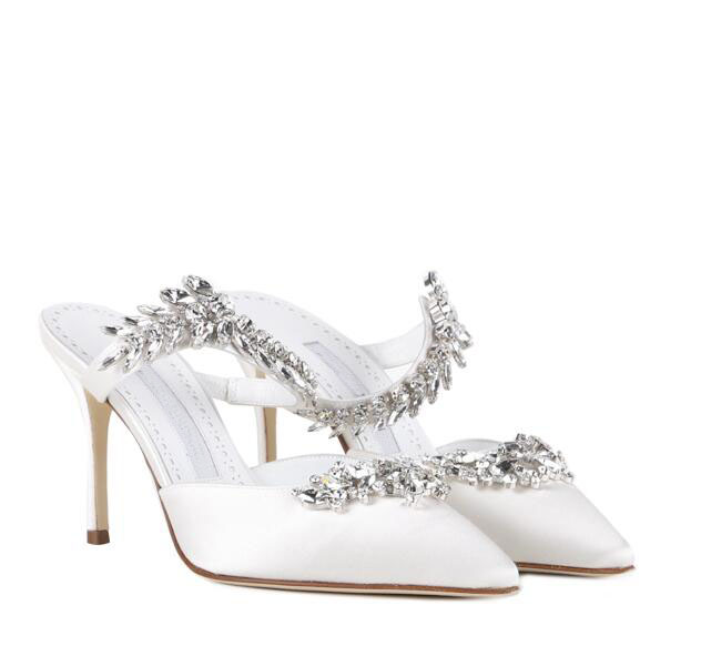 

Elegant Brand Lurum Sandals Shoes & Women Mules Satin Crystal Embellished Stiletto High Heel Pointed Toe Wedding Party Lady Slipper -43