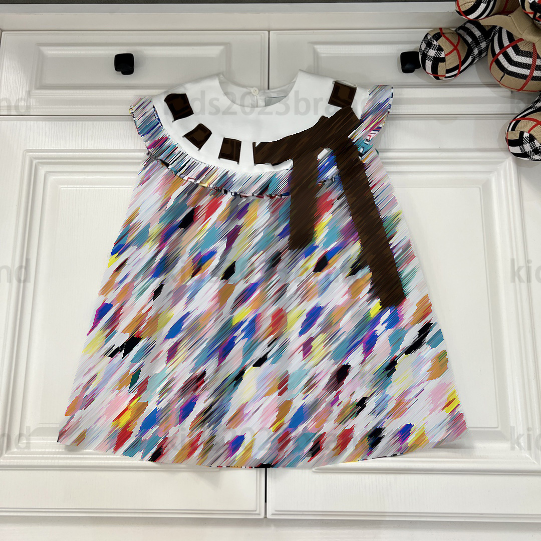 

round neck dress flower print cotton skirt high-end girls Polo dresses summer princess dress brand designer kids pleated dress for girl 90-160cm fashion button skirts, 14#