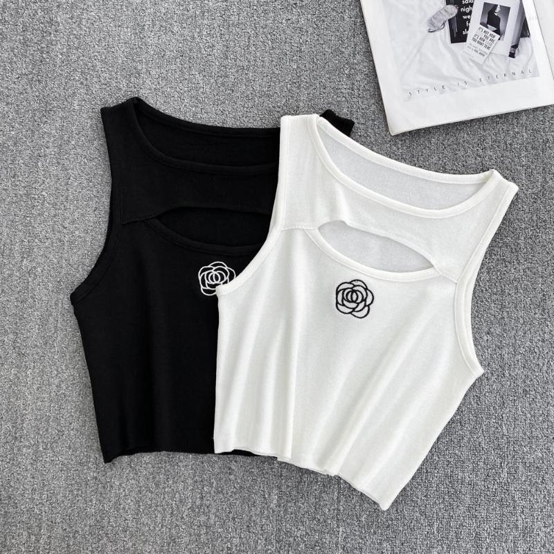 

Women's T Shirts Summer Crew Neck Chest Hollowed Out Embroidery Ice Silk Knitted Sleeveless Vest Slim Look Short Top, Black
