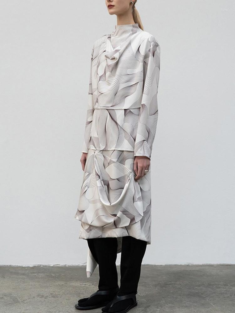 

Women's Blouses Women's Printed Slim Waist Shirts Early Autumn Lady Pleated Irregular Stand Collar Long Sleeve Blouse And Top, White