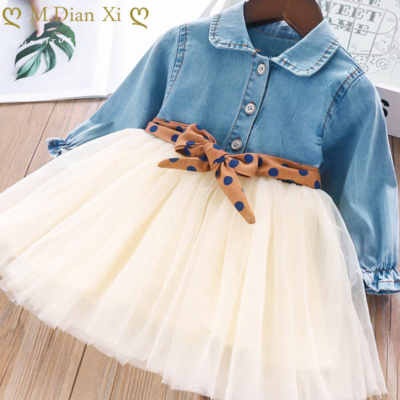 

Girls Dresses Clothing Autumn Long Sleeve Denim Stitching Mesh Dot Belt Sweet Princess Party Birthday 230217, -j01-