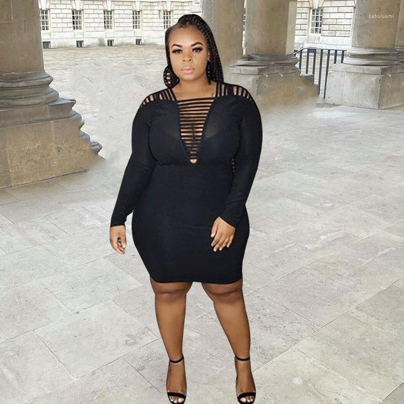 

Plus Size Dresses Dress Women Clothing Hollow Out V Neck Bodycon Sexy Long Sleeve Mini Black Wholesale Drop