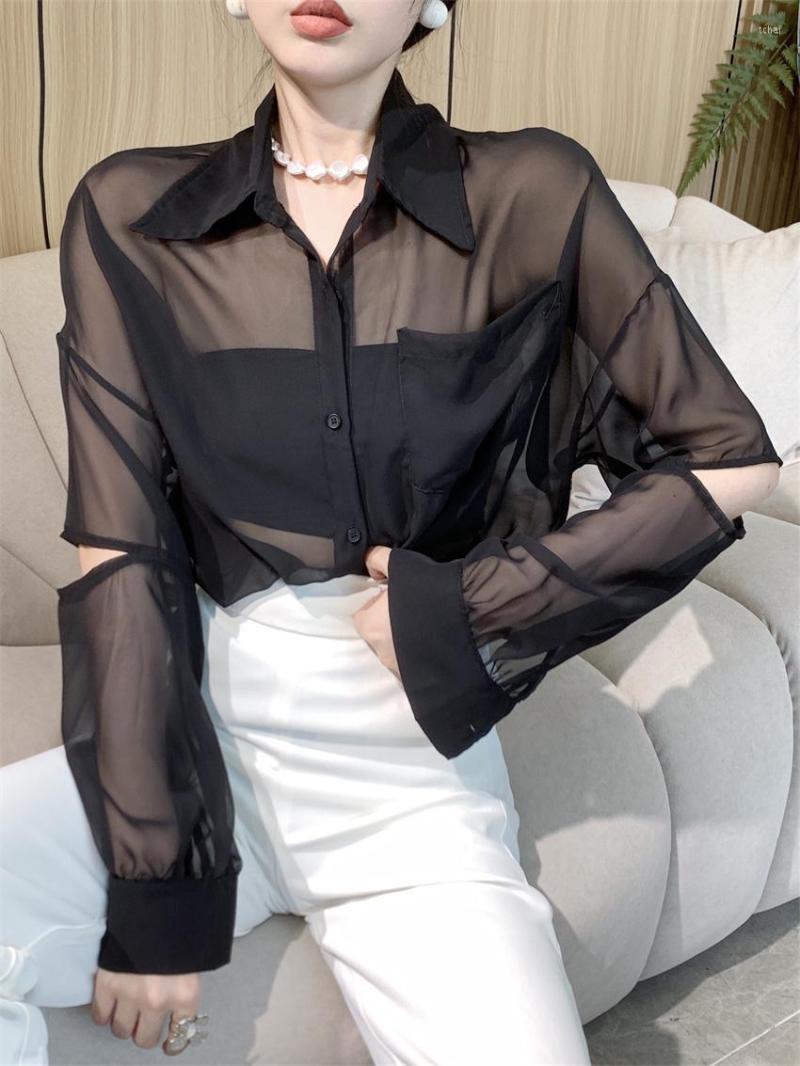 

Women's Blouses HziriP Sexy Full Sleeve Chiffon Shirts Women Solid 2023 Summer All Match Streetwear Fashion Lady Loose Casual Mujer Tops, Black