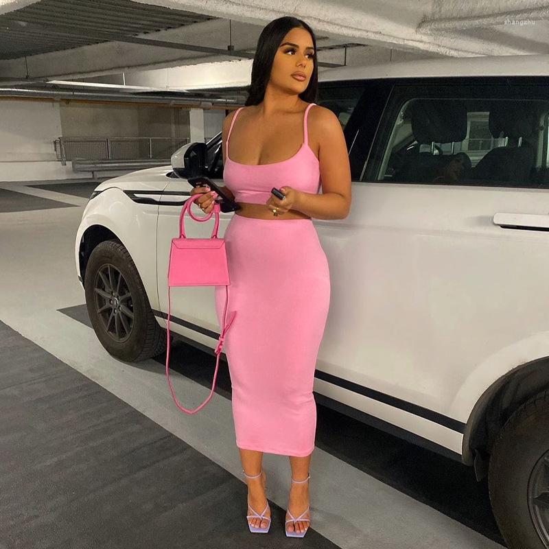 

Work Dresses Summer Solid Women Two Piece Set Strap Crop Top Camis Midi Skirt Bodycon Sexy Streetwear Party Club Elegant Outfit, Orange
