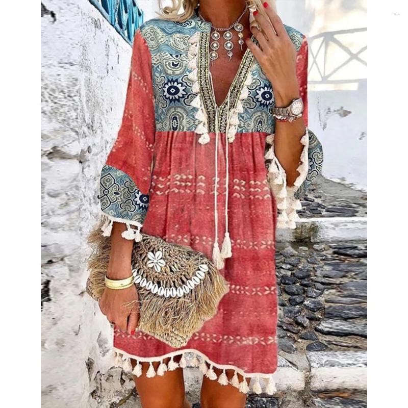 

Casual Dresses Summer Women Allover Print Tassel Design Plunge Bell Sleeve Dress Fashion Femme A Line Three Quarters Mini Ethnic, White