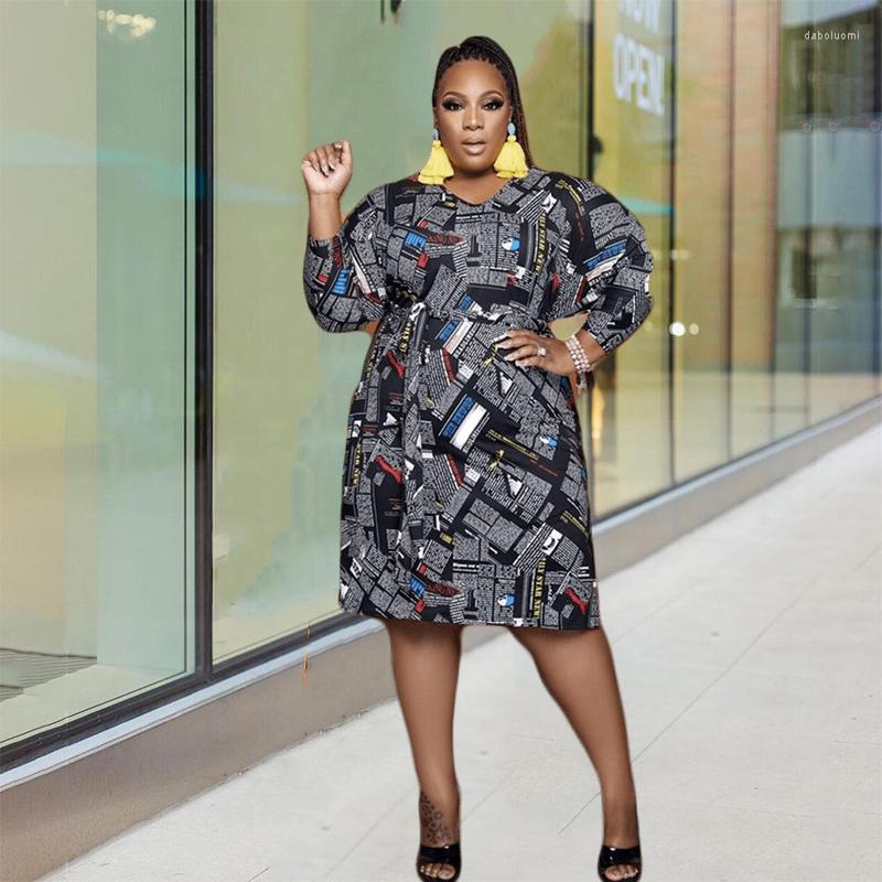 

Plus Size Dresses Casual Ladies Sexy Dress With Belt Black Print Long Sleeve Elegant Vestidos Drop Wholesale