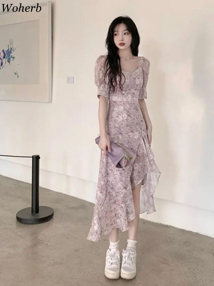 

Casual Dresses Woherb Summer Short Sleeve Fairy Floral Dress Woman Beach Party One Piece Style French Elegant Midi Vestidos Chic, Purple