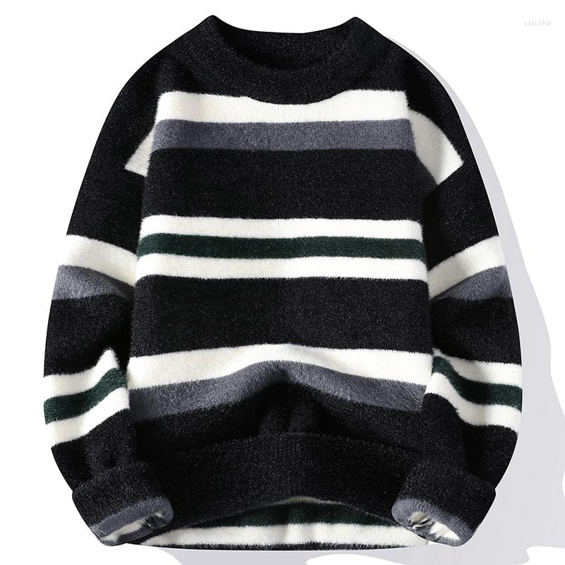 

Men's Sweaters 2023 Autumn Winter Striped Sweater Men Fashion Casual Loose Harajuku Style Round Neck Trendy Knitted Pullovers, Black