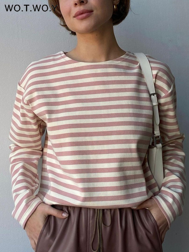 

Women's TShirt WOTWOY Autumn Long Sleeve Loose Striped Tshirt Women Casual Cotton Basic Tee Shirt Female Knitted Tops Harajuku 2023 Gothic 230217, 22100-black white