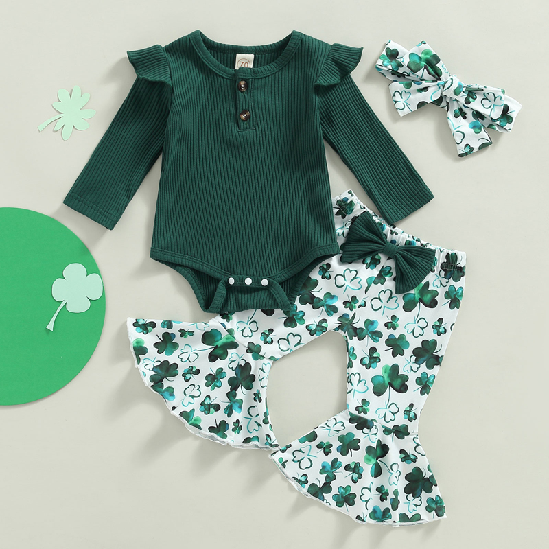 

Pajamas 1207 Lioraitiin St Patricks Day 018M Baby Girl Clothes Solid Long Fly Sleeve Crew Neck Romper Clover Print Flare Pant 230217, Gray