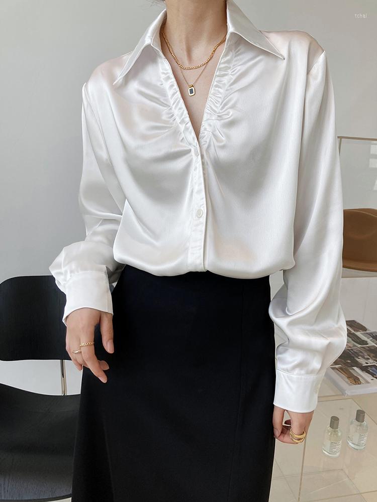 

Women' Blouses FTLZZ Elegant Women V-neck Single Breasted Long Sleeve Shirt Office Lady Solid Tops Casual Female Loose Sun Proof Clothes, Beige