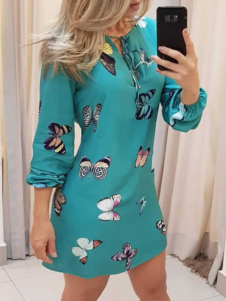 

Casual Dresses Red Lips Print Tie Front Long Sleeve Dress Z0216, Blue