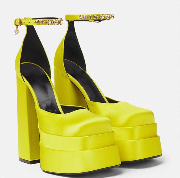 

Fashion Platform Sandals Square Toe Heel Satin Rhinestone Candy Color Sandal Big Size Party Wedding Sexy Thick High Heels With box, 11
