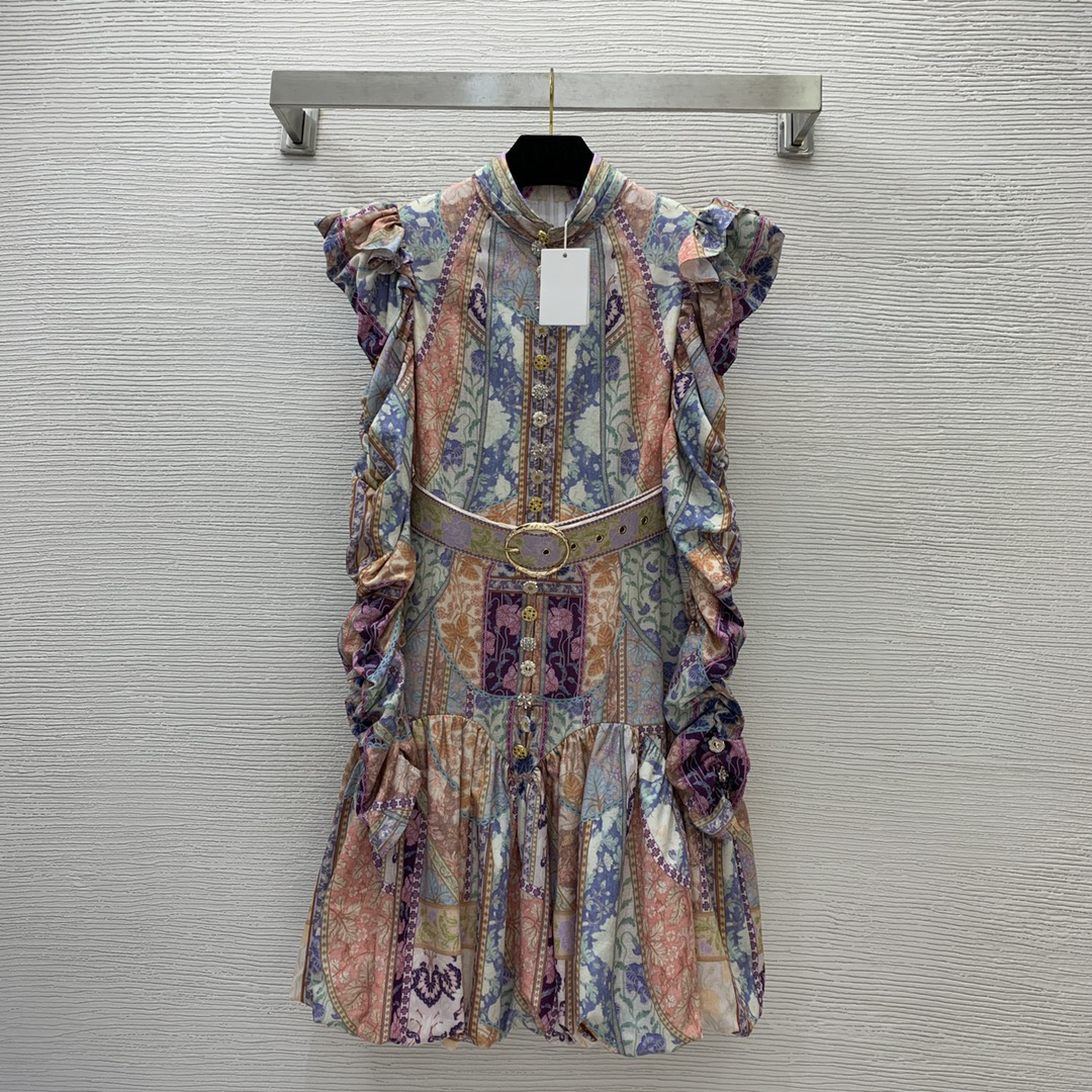 2023 Spring Multicolor Paisley Print Waist Belted Dress Long Sleeve Stand Collar Buttons Single-Breasted Casual Dresses Brand Same Style Designer ZW