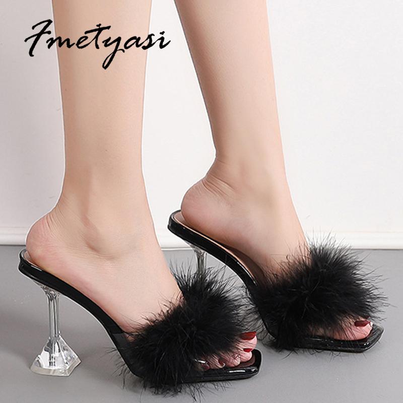 

Sandals Transparent Women Shoes On Heel Summer Luxury Feather Crystal Sandal Sexy Suqare Toe Anti-slip Party Slide 34-46, Pink