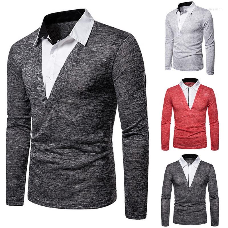 

Men' Polos Men Shirts Long Sleeve Fake Two Pieces Blouse Collar Clothes Tops Fashion Two-piece Lapel Autumn Tee, Red