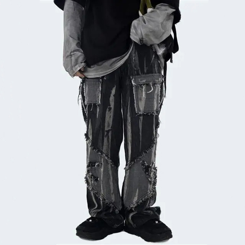 

Men's Jeans Vintage Frayed Wideleg Men Woman Distressed Patchwork Punk Baggy Straight Denim Trousers Hiphop Street Couple Black Pants 230217, Beige