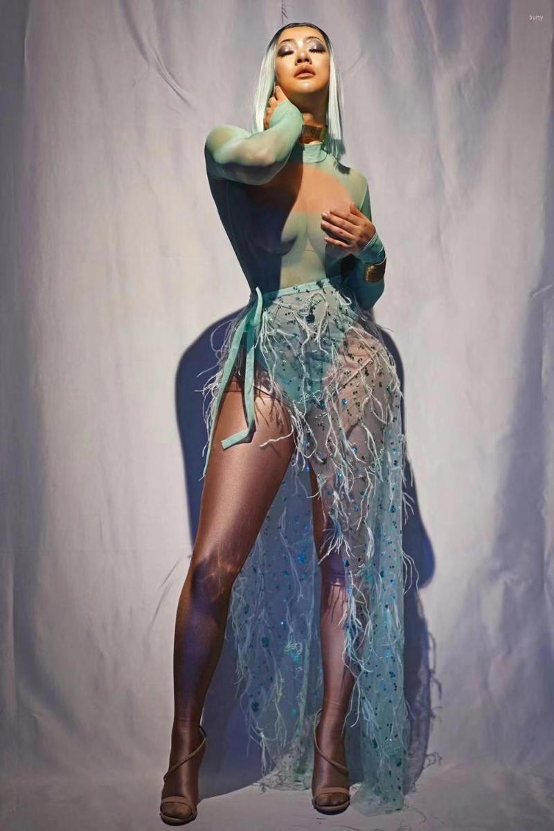 

Stage Wear Women Bluebird Sexy Bodysuit Stretch Prom Party Luxurious Outfit Show Halloween Shiny Transparent Feather Trailing Skirt, Picture shown