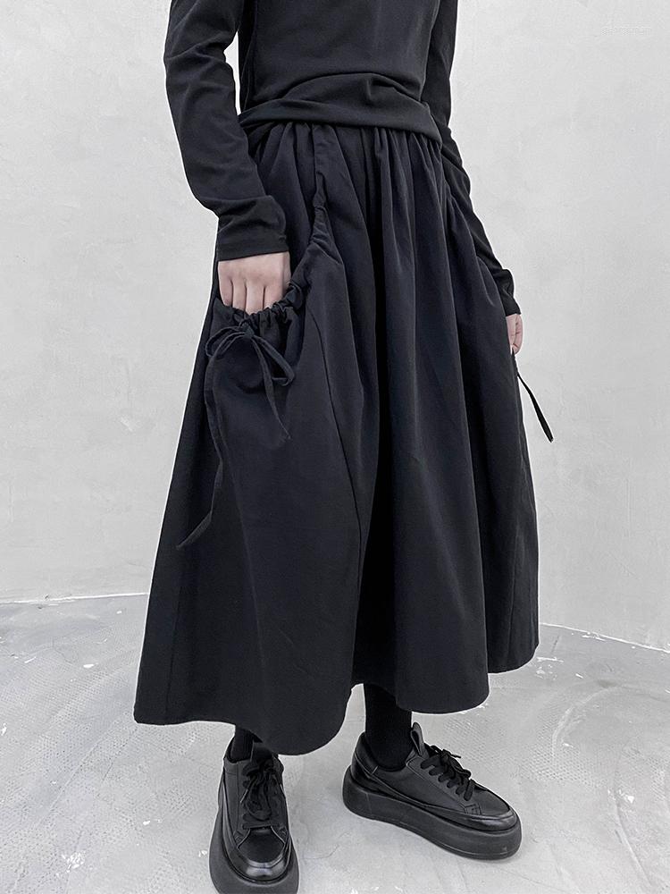 

Skirts Large Pocket Webbing High Waist Skirt Women' 2023 Autumn Dark Wind Loose Medium Length Casual A-Line, Black