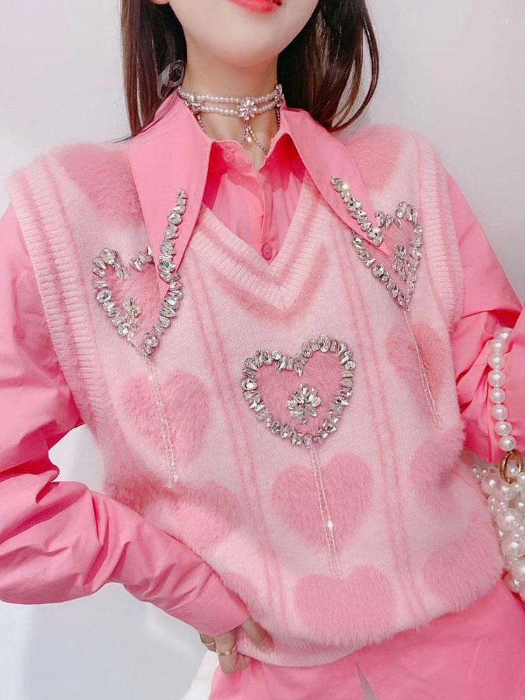 

Women's Blouses Cakucool Bling Diamonds Beading Knit Vest And Long Sleeve Blouse Shirt Chic Shiny Blusas Tops With Korean Girls, Beige