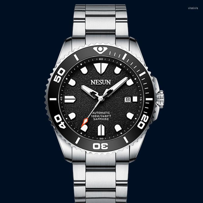 

Wristwatches Switzerland NESUN Japan Import Automatic Mechanical Men's Watches Diving 100M Waterproof Luminous Stop Clock, Black