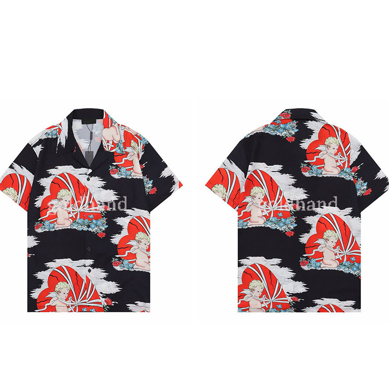 

Men Women Angel Printed T shirt Floral Printed V neck Button Shirt Tops Resort Style Casual Loose Tees, Blue